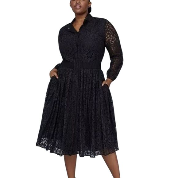 Girl With Curves X Lane Bryant Dress Pleated Black Lace Mixed Media Size 24 - Picture 1 of 9